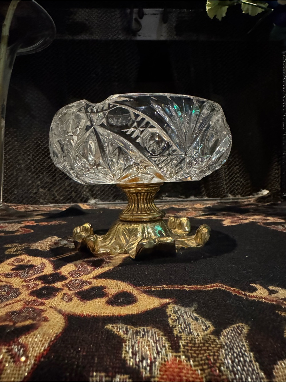 Vintage Cut Glass Crystal Compote with Brass Pedestal